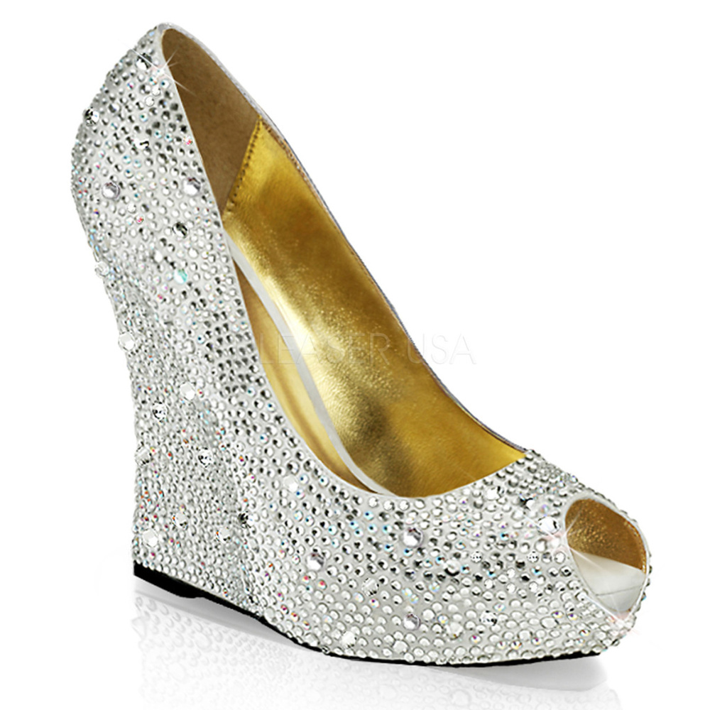 Satin Wedge Rhinestone Peep Toe Platform Shoes